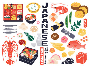 日本の正月料理・おせちのイラストセット
