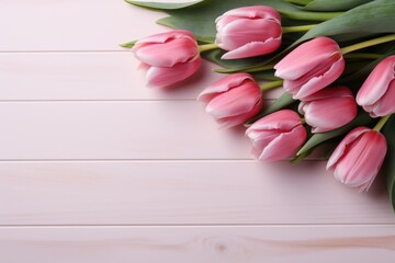 A bunch of pink tulips on a white table. Photorealistic AI. Floral background with copy-space.