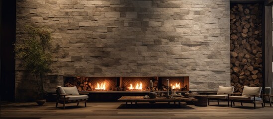 Fototapeta na wymiar Grand hotel lobby with gleaming parquet floor and stone wall adorned by wall lamps and a roaring fireplace