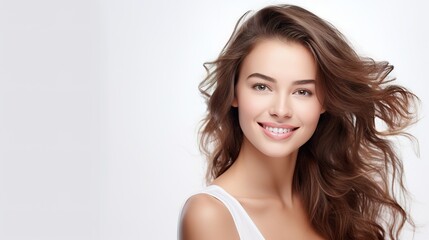 fresh skin isolated on white. Portrait of a beautiful woman. A lovely spa lady smiles. Skin that is flawlessly fresh. Model of pure beauty. Concept of Youth and Skin Care. generative ai