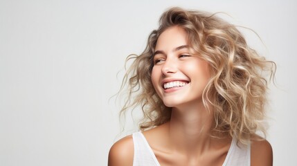 Close-up of a beautiful young woman's face with clean, fresh skin isolated on white. Portrait of a beautiful woman. A lovely spa lady smiles. generative ai