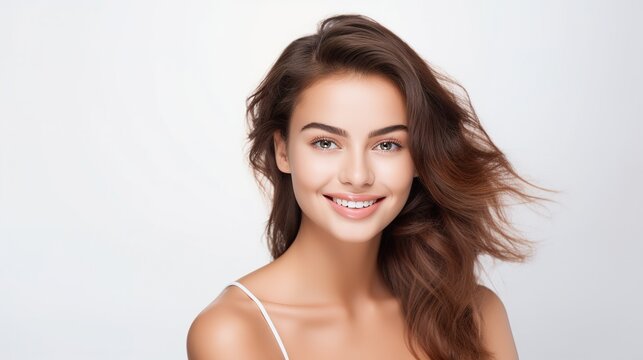 Smiling woman with natural beauty, showcasing happiness and glamour in a fresh portrait