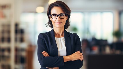 Mature European businesswoman stands at workplace. generative ai