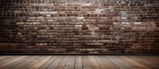 Dark oak colored wood floor with white brick wall in perspective
