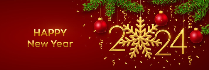 Happy New 2024 Year. Hanging Golden metallic numbers 2024 with snowflake, balls, pine branches and confetti on red background. New Year greeting card or banner template. Holiday decoration. Vector.