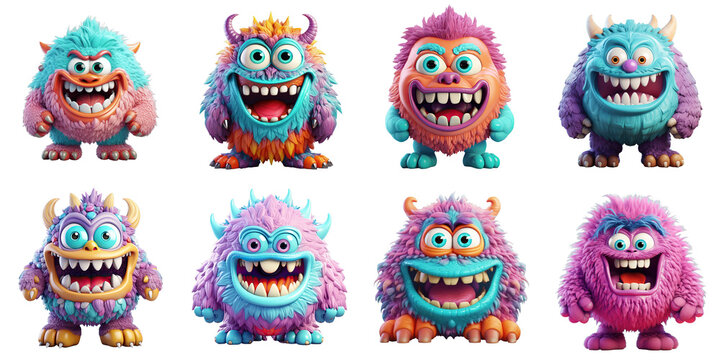 Naklejki Png Set Funny unique fantasy monster in 3D color grunge character sticker isolated on transparent background