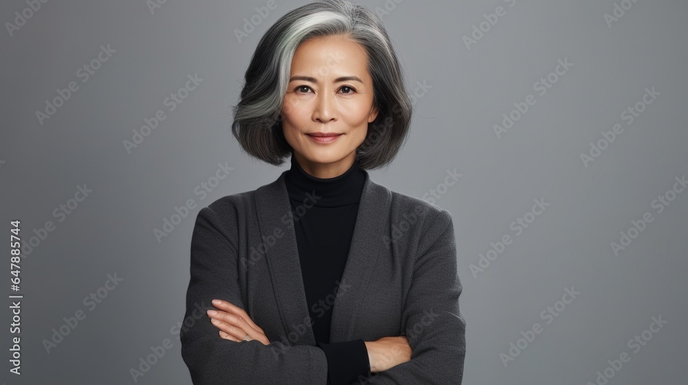 Canvas Prints A mature Asian businesswoman stands against a studio backdrop. generative ai