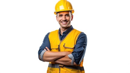 Engineer or architect looking construction with safety helmet and crossed arms on studio background