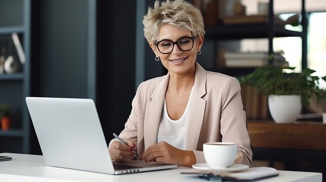 A mature businesswoman using a laptop. generative ai