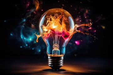 Light bulb in the dark background, with colorful coloring on the front, in the style of explosive abstracts