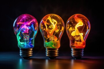 Three light bulbs on black background.
