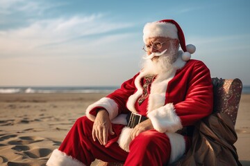 Obraz premium Holiday beach shot of santa claus sitting on a beach chair