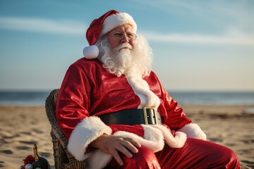 Holiday beach shot of santa claus sitting on a beach chair
