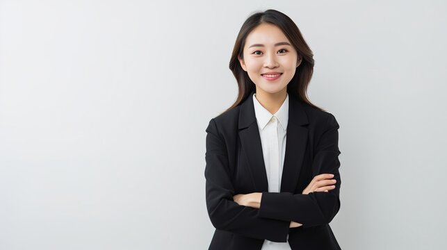 Young Asian woman in business position, grinning to the camera, against a blank white background. generative ai