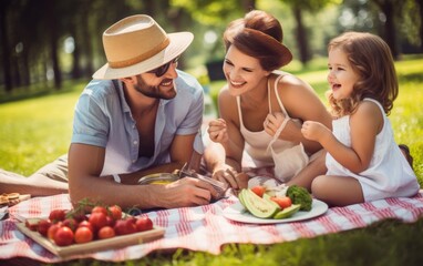 Family having a picnic in a sunny park smiling and enjoying their meal. Generative AI