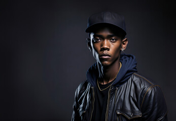 Stylish rapper in leather jacket, hoodie and baseball cap - obrazy, fototapety, plakaty