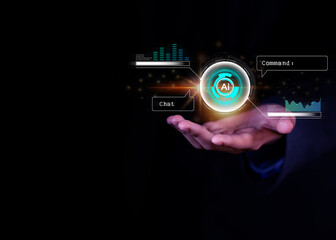 AI Tech businessman showing virtual graph and big data On the internet, the world is connected to AI, artificial intelligence. Using commands to create data future technology