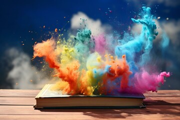 Colorful book releasing vibrant dust, placed on wooden table against a blue sky backdrop. Generative AI
