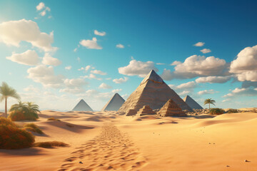 Fototapeta na wymiar Ancient pyramids in desert on sunny day in Egypt, fiction scenic view