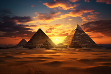 Ancient pyramids in desert at sunset in Egypt, fiction scenic view