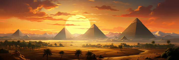 Ancient pyramids in desert at sunset in Egypt, fiction scenic view - obrazy, fototapety, plakaty