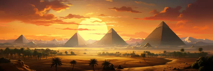 Rolgordijnen Ancient pyramids in desert at sunset in Egypt, fiction scenic view © karina_lo
