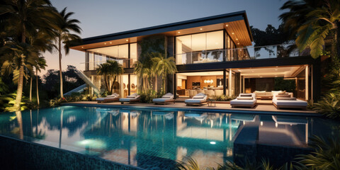 Fototapeta na wymiar Luxury villa, modern mansion with pool and tropical plants at night