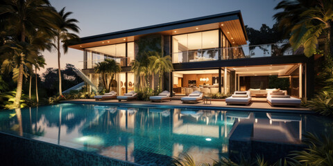 Fototapeta premium Luxury villa, modern mansion with pool and tropical plants at night