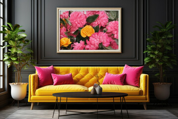 Frame mockup picture on dark wall and vintage sofa, home interior design