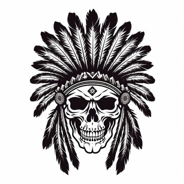 tattoo of a native american indian skull wearing a feathers headdress