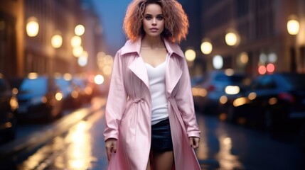 Fototapeta premium Beautiful glamorous lady in luxury coat and elegant dress walking along the city street at night.