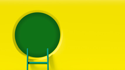 3d rendering of a yellow wall with a green hole and a ladder, theme of success and achieving goals