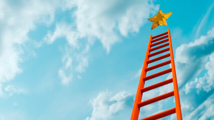 Orange ladder points to the sky to reach a yellow crystalline star, achievement and success theme