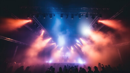 Concert Stage Scenery With Spotlights Colored Lights Smoke, Multicolored.