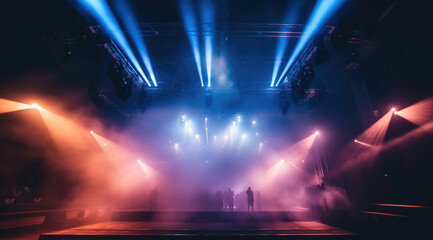 Concert Stage Scenery With Spotlights Colored Lights Smoke, Multicolored.