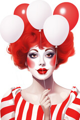 junge Frau geschminkt im rot weiss Karneval Fasching Kost&uuml;m verkleidet mit Luftballons. Hochkant. Hochformat. Generative Ai.