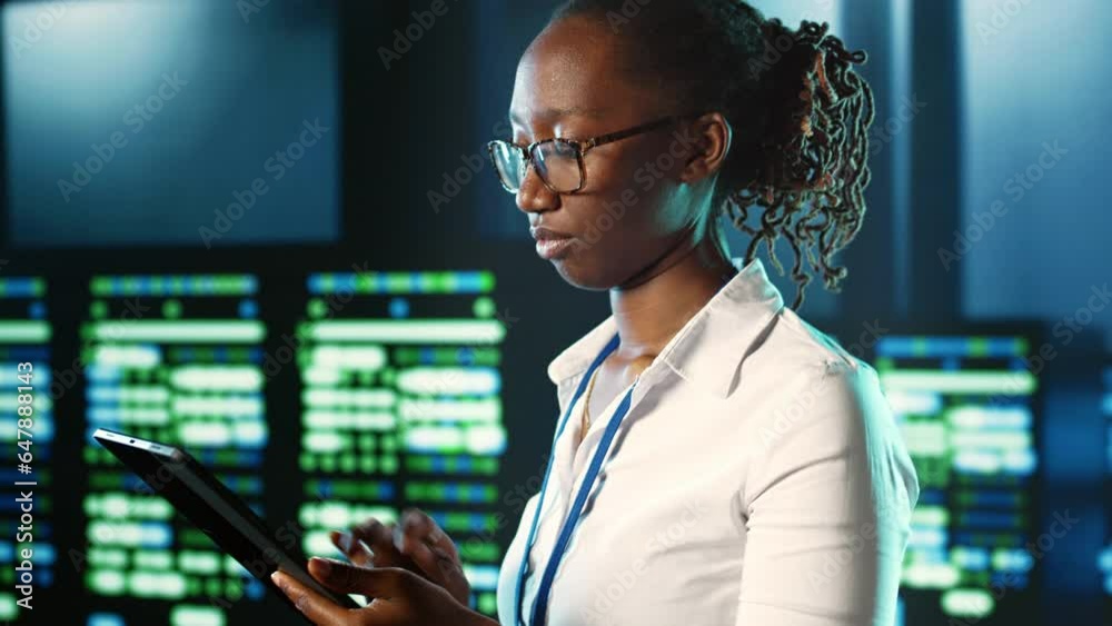 Poster meticulous tech support woman strolling through server rows providing processing resources for diffe