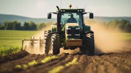 Fototapeta premium Farmer using a tractor and planting implement, Plants potatoes in the fertile farm fields.