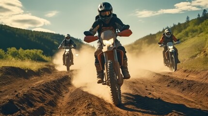 Motocross bikers on a dirt road.