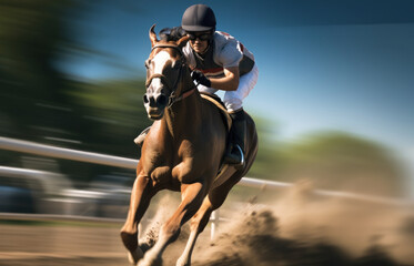 Fototapeta premium Jockey on racing horse at racetrack, Champion, Horse riding.