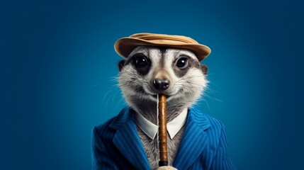 a chic snapshot featuring a dapper meerkat donning a cap and puffing on a pipe against a royal blue...