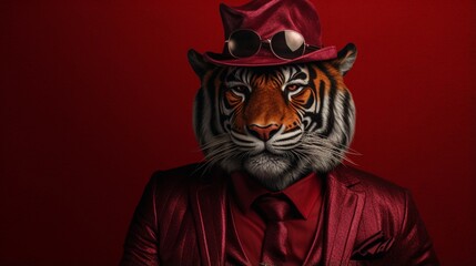 a chic visual featuring a fashionable tiger, with a cap and pipe, on a royal crimson background.