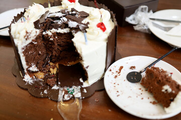 Chocolate birthday cake with chocolate ganache icing. leftover birthday cake. leftover and wasted food. food waste. leftover food