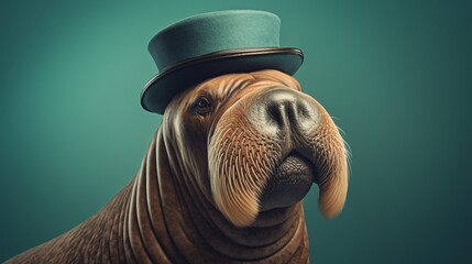 a mesmerizing picture of a well-dressed walrus in a trendy cap on a deep ocean blue background."