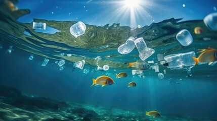 Ocean pollution, Plastic bottle floating in sea, Environmental conservation and ecology concept.