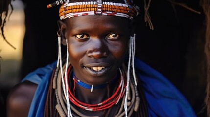 Obraz premium Portrait of Maasai mara man with traditional colorful necklace, Tribe, Ancient tribe.