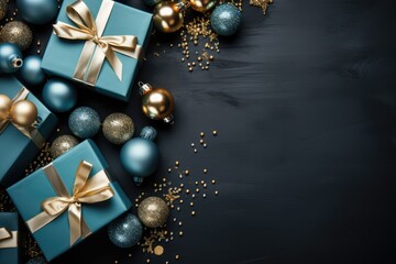 Merry Christmas and Happy new year. Gifts and presents in a black background