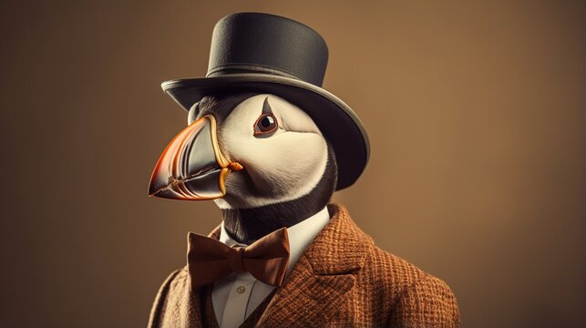 a sophisticated portrait featuring a debonair puffin with a cap and smoking a pipe against a vintage sepia backdrop.