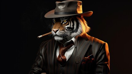 a stylish visual featuring a fashionable tiger, with a cap and pipe, on a sleek ebony background.