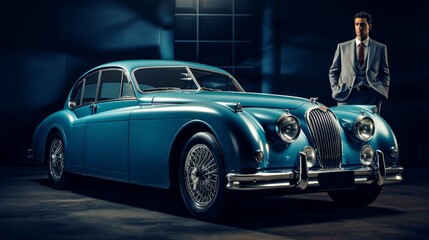 Construct a debonair jaguar with sophisticated specs, striking a pose on a luxurious cerulean backdrop.